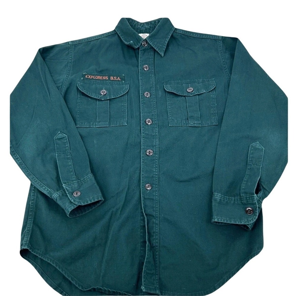 Boys Vtg 60s BSA Explorers Shirt Green Cotton Twill Utility Gorpcore Boy Scouts